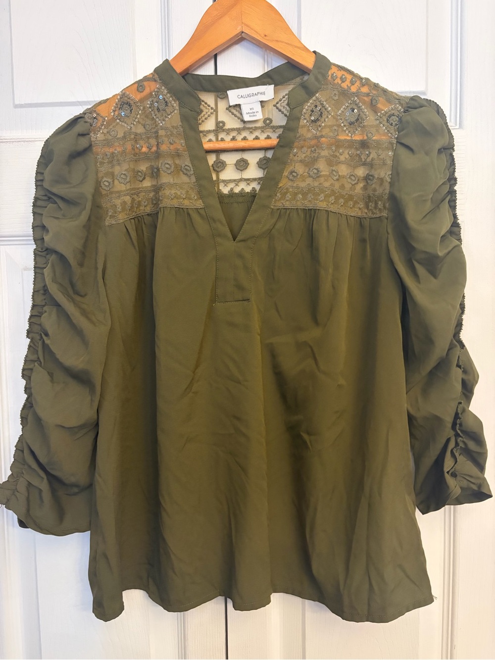 Calligraphie Olive Embroidered V-Neck Peasant Blouse with Ruched Sleeves